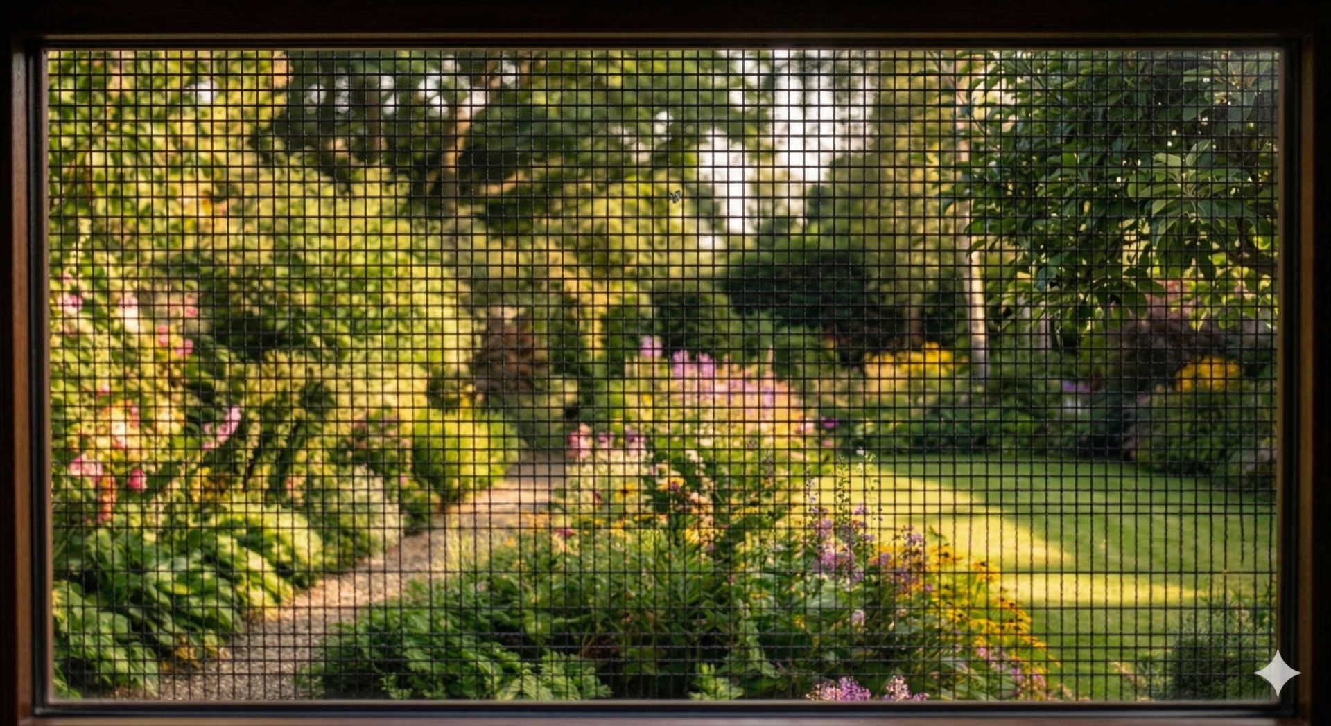 After fly screen installation — clear garden view